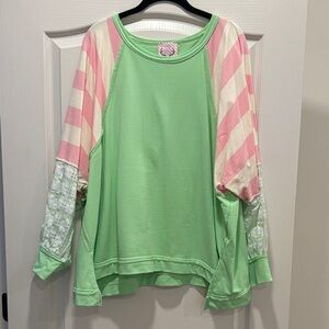 Fantastic Fawn Oversized Mint Green & Pink Striped Raglan Top